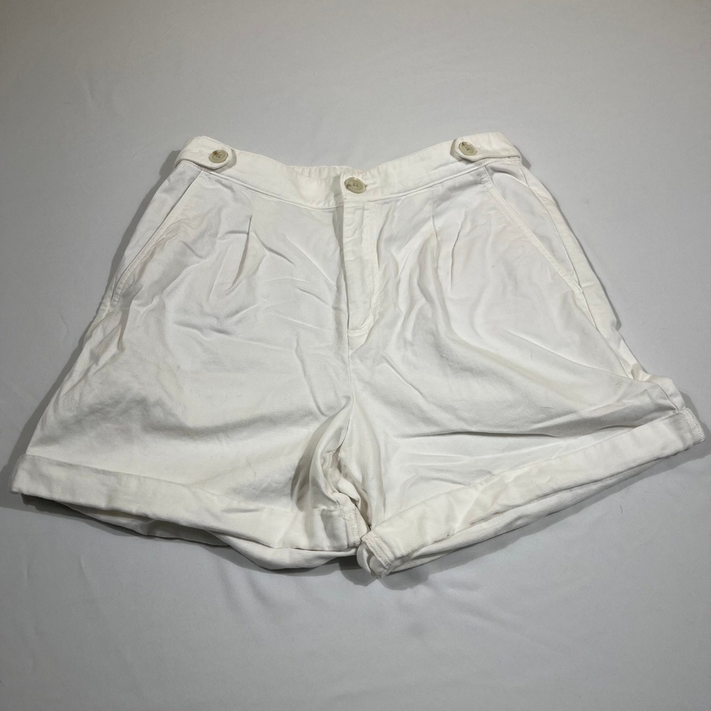 Loft Chino Shorts Women 4 White Pleated Cuffed Cotton High Rise Elastic Back